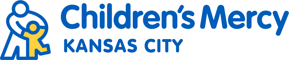 Children's Mercy Kansas City logo: Blue text and a graphic of a person holding a yellow child.