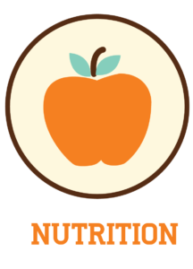 An orange apple icon inside a circular border, with the word 