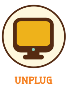 A yellow computer monitor icon inside a brown circle with the text 