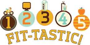 An infographic titled "FIT-TASTIC!" showing numbered icons for activity, screen time, dairy, water, and fruit.