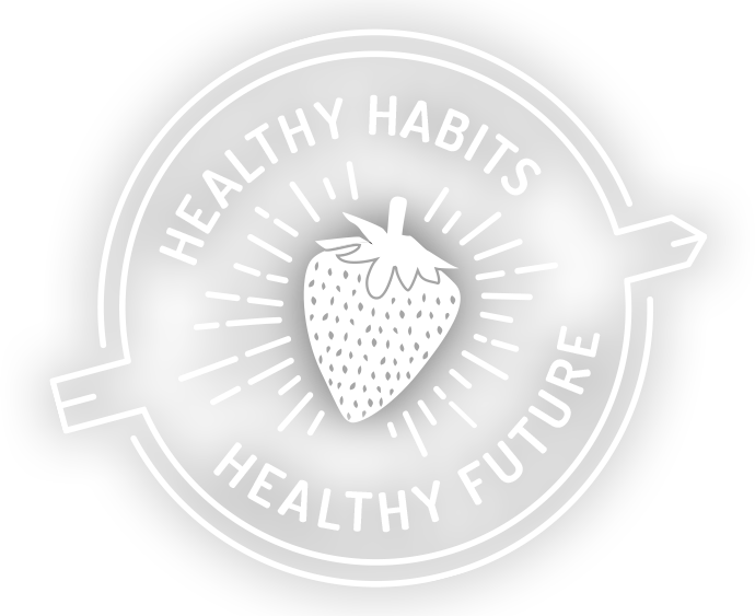 A white circular logo with a strawberry in the center, surrounded by the text 