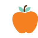 A stylized orange apple illustration with a brown stem and two light blue leaves.