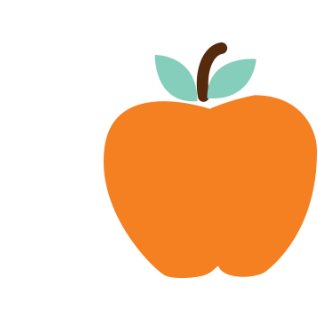 A stylized orange apple illustration with a brown stem and two light blue leaves.