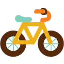 A simple, stylized graphic of a yellow bicycle with brown tires, a teal seat, and orange handlebars.