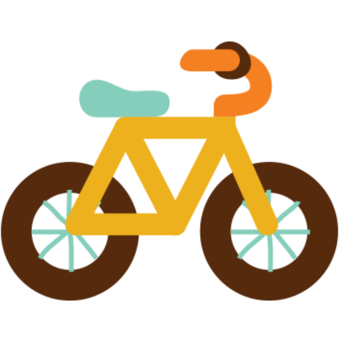 A simple, stylized graphic of a yellow bicycle with brown tires, a teal seat, and orange handlebars.