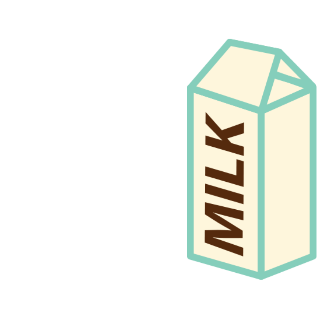 A simple, stylized graphic of a beige milk carton with the word 