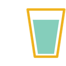 A simple icon of a glass filled with light blue liquid, outlined in a thick, mustard-yellow border.