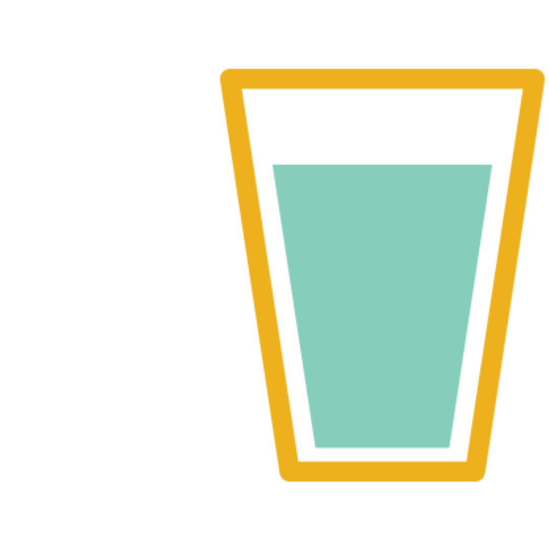 A simple icon of a glass filled with light blue liquid, outlined in a thick, mustard-yellow border.