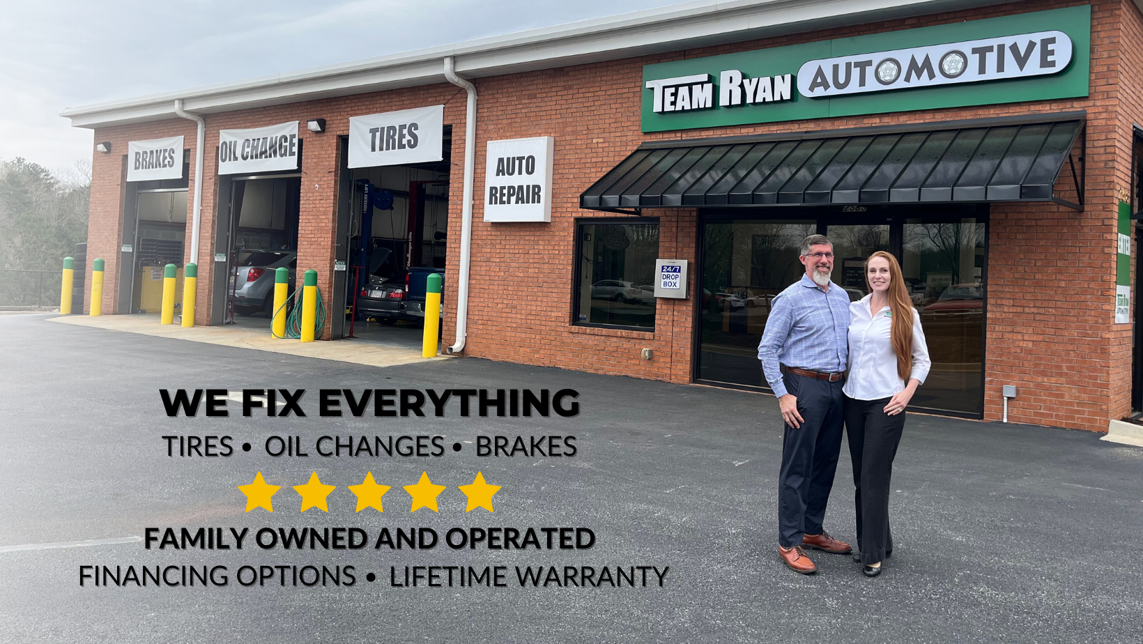 owners are standing in front of Team Ryan Automotive shop .