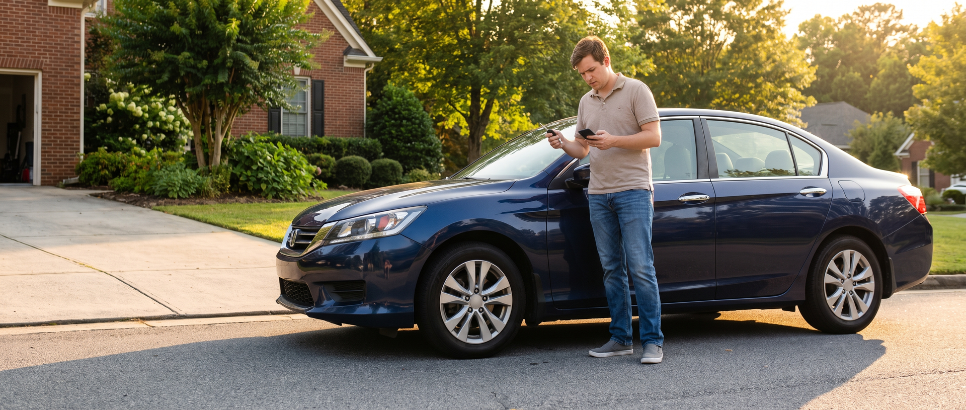 Driver checking phone next to a car that won't start after sitting in the sun in Buford, GA