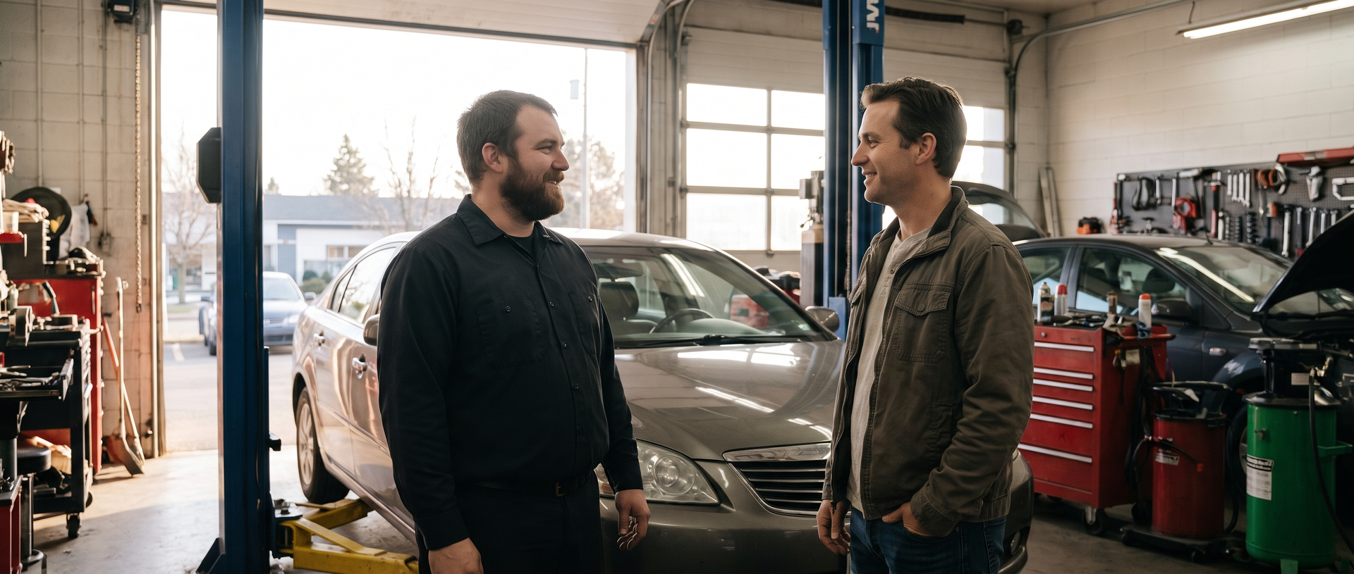 Team Ryan Automotive technician helping a customer with emergency auto repair near Suwanee Town Cent