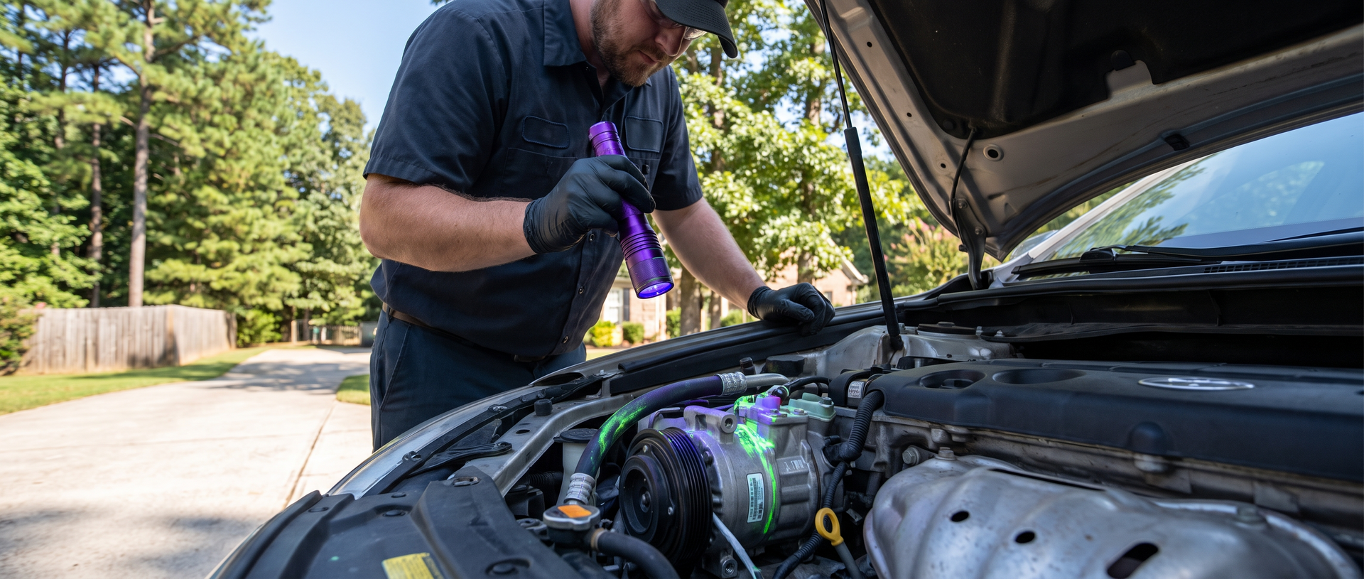 Technician performing AC leak detection on a car in Cumming, GA