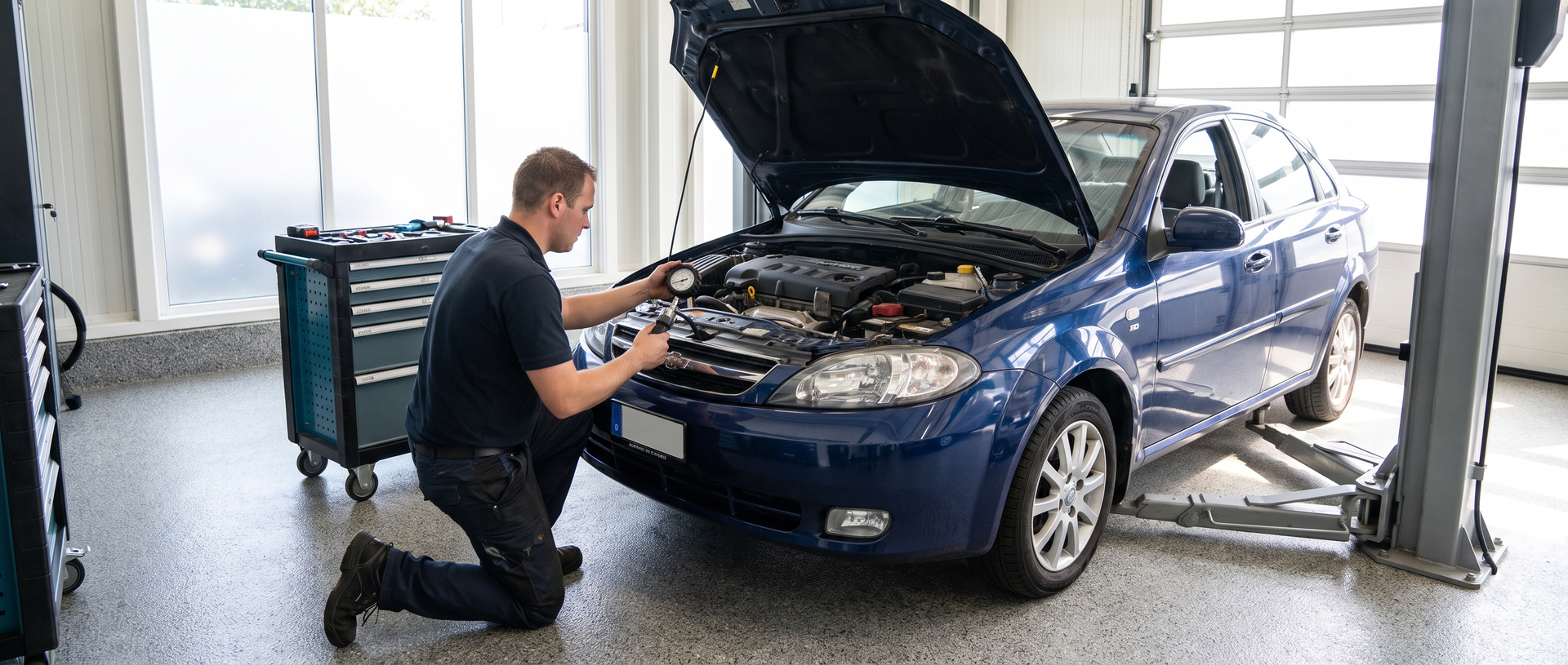 Technician performing a cooling system pressure test in Buford, GA