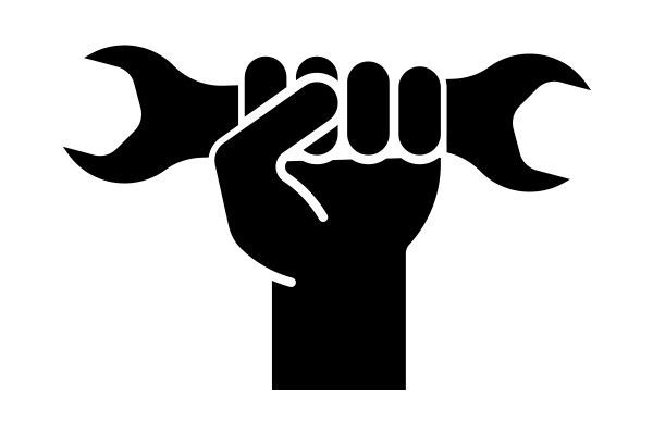 a black and white silhouette of a hand holding a wrench .