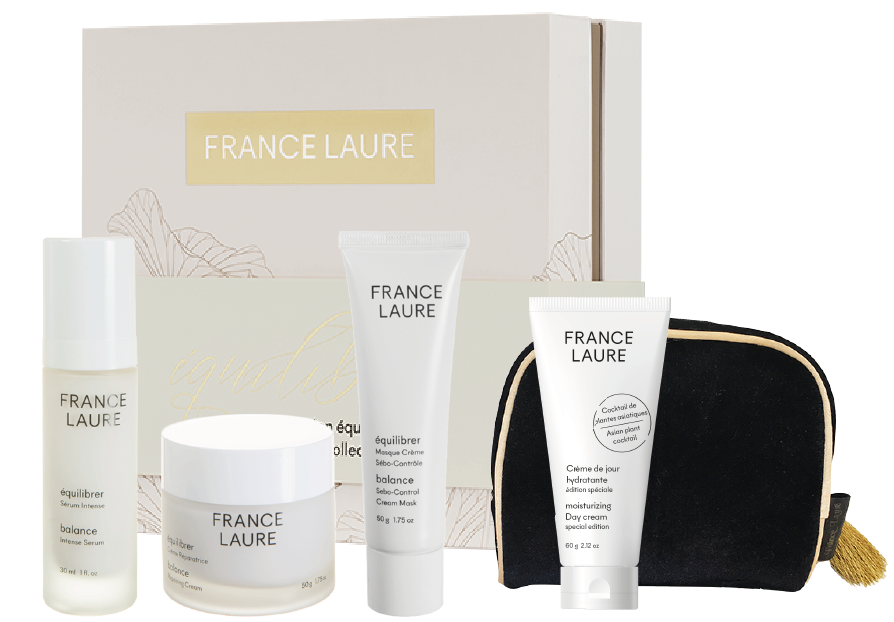 Une boîte de cosmétiques france laure et un sac à cosmétiques