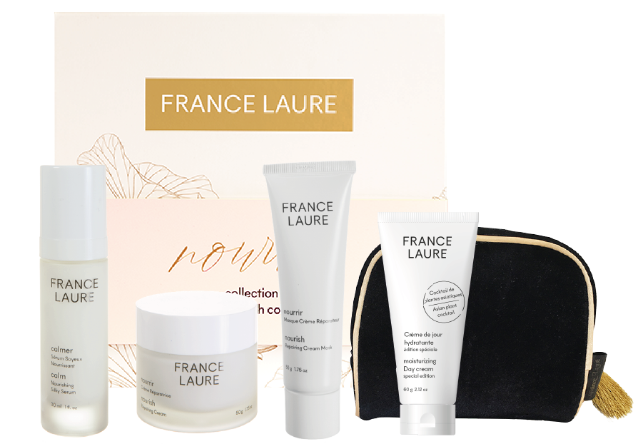 Une boîte de cosmétiques france laure et un sac à cosmétiques