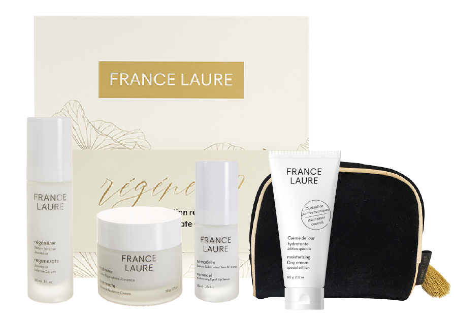 Une boîte avec quatre bouteilles de cosmétiques france laure et une trousse à cosmétiques.