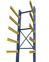 A blue and yellow cantilever rack with yellow bars on a white background.
