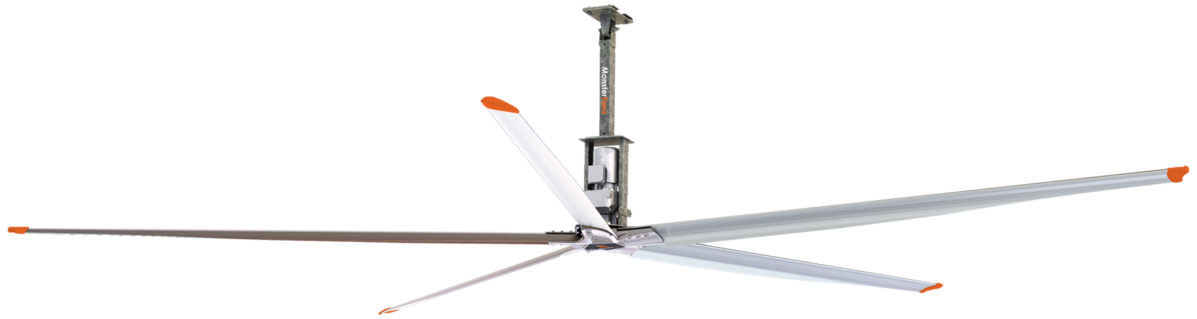 A large ceiling fan is hanging from the ceiling on a white background.