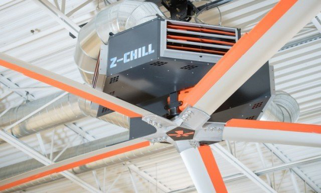 A ceiling fan with the word z-chill on it