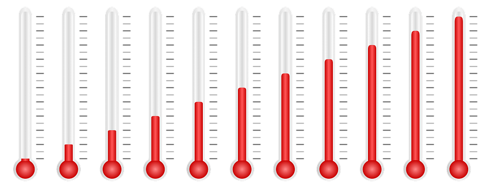 A row of red thermometers on a white background.