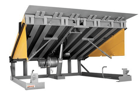 A hydraulic ramp with a yellow cover on a white background.