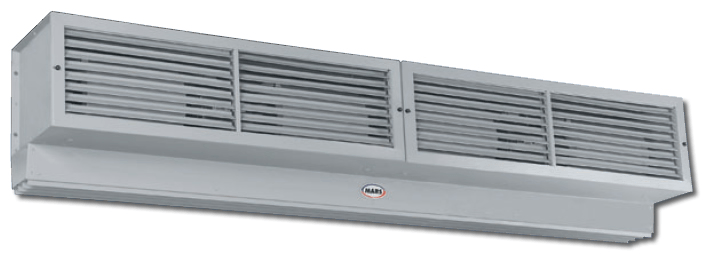 A stainless steel air curtain is hanging from the ceiling on a white background.