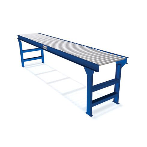 A blue conveyor belt is sitting on a white surface.