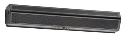 A black air curtain is sitting on a white surface.