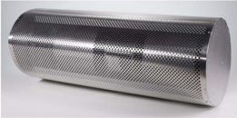 A stainless steel cylinder with holes in it is sitting on a white surface.