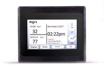 A black thermostat with a screen that says 2:22 pm on it