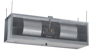 A stainless steel air conditioner is hanging from the ceiling.