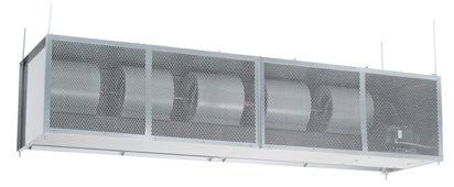 A black and white photo of a stainless steel air conditioner hanging from the ceiling.