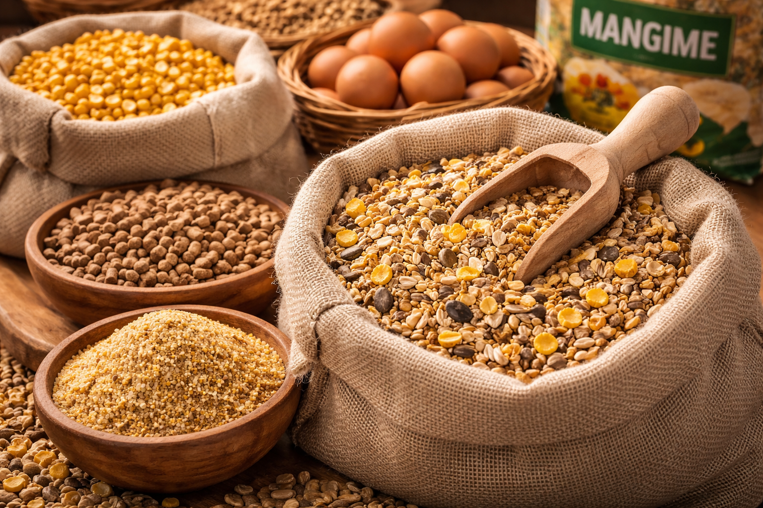 Sacchi di iuta e ciotole di legno riempiti con vari cereali, semi e un cesto di uova su una superficie di legno.