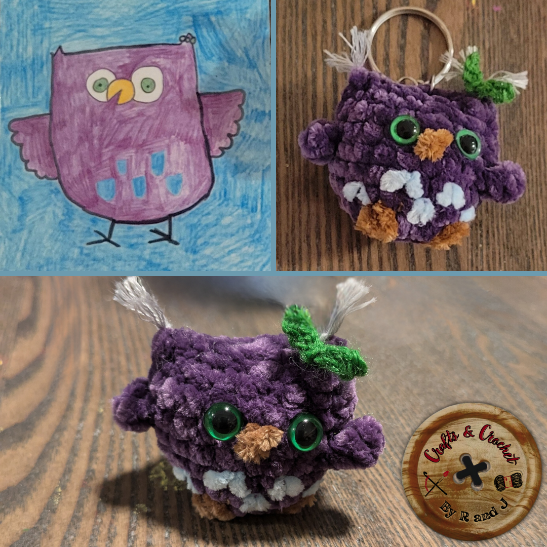 crochet owl and drawing