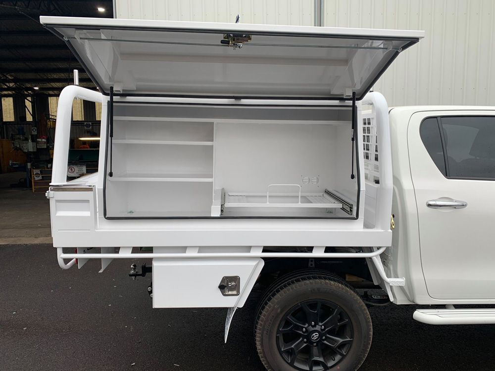 Ute With Open Tray-Mounted Toolbox Showing Different Compartments — Welding Works in Forbes, NSW
