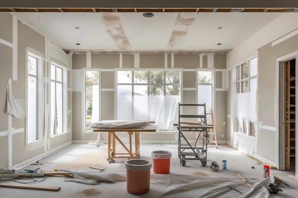 A room under construction with a table and scaffolding.