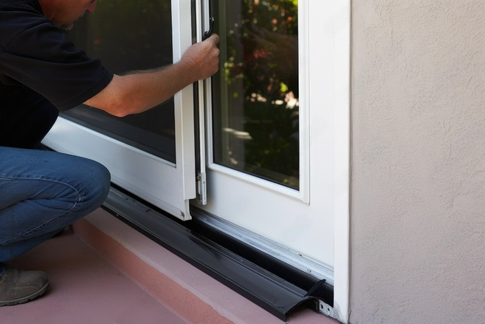 A man is working on a sliding glass door