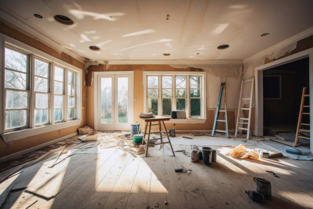 An empty room with a table and ladder in it.