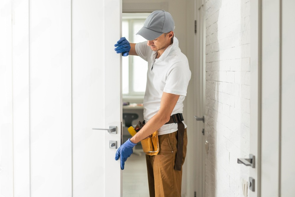 A man is installing a door handle on a white door.