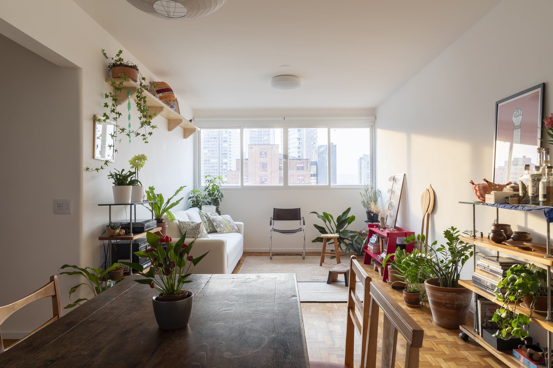 Uma sala com mesa, cadeiras, plantas e sofá.