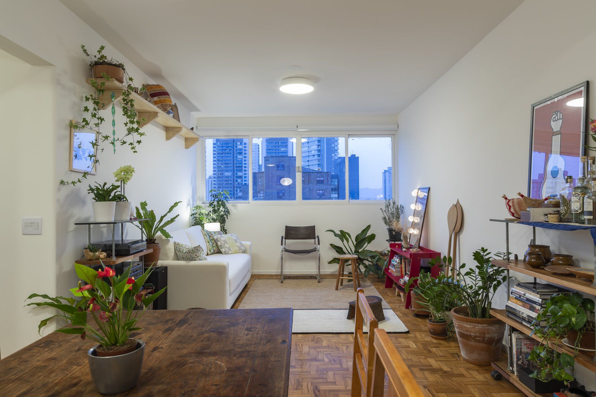 Uma sala com sofá, mesa, cadeiras e vasos de plantas.