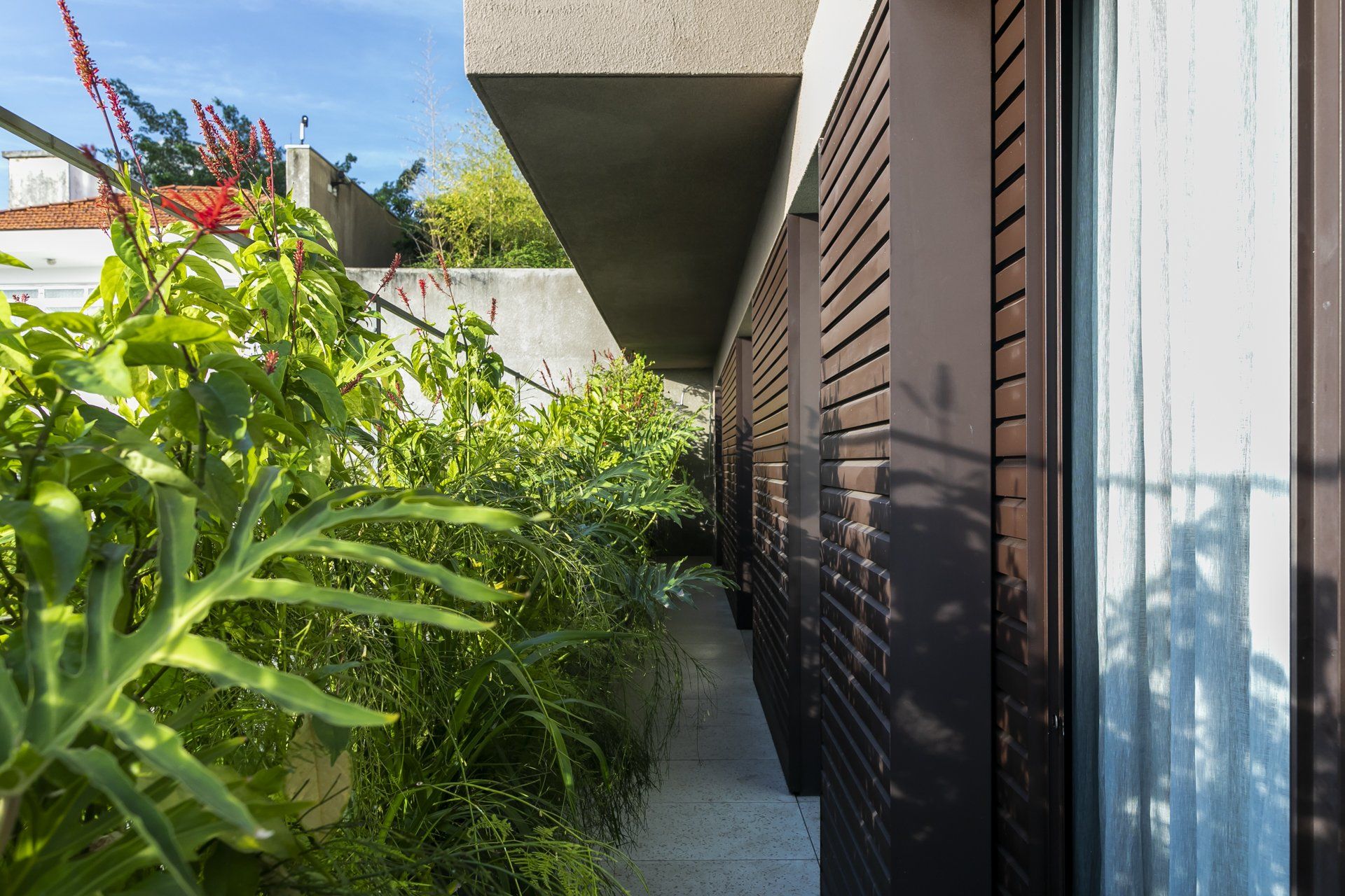 Uma passagem estreita entre dois edifícios com persianas nas janelas.