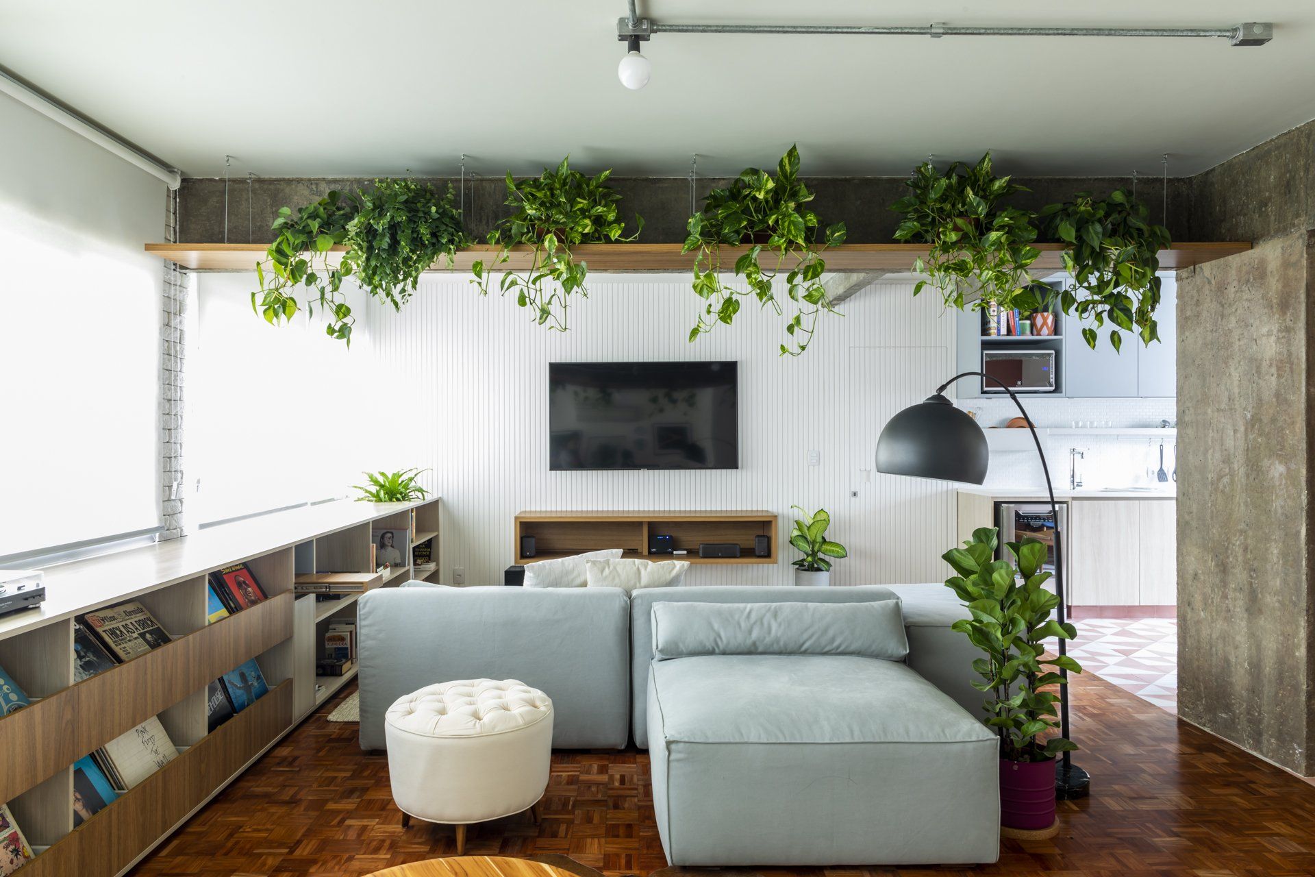 Uma sala com sofá, cadeira, televisão e plantas penduradas no teto.