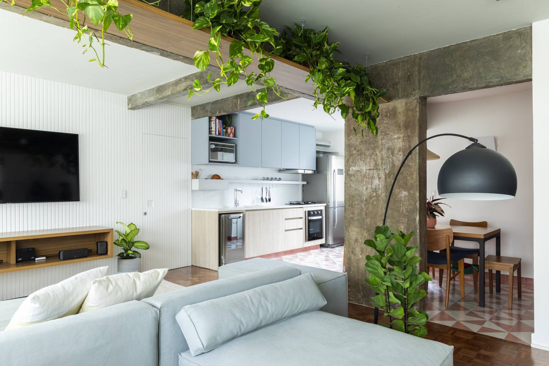 Uma sala de estar com sofá, televisão e plantas penduradas no teto.