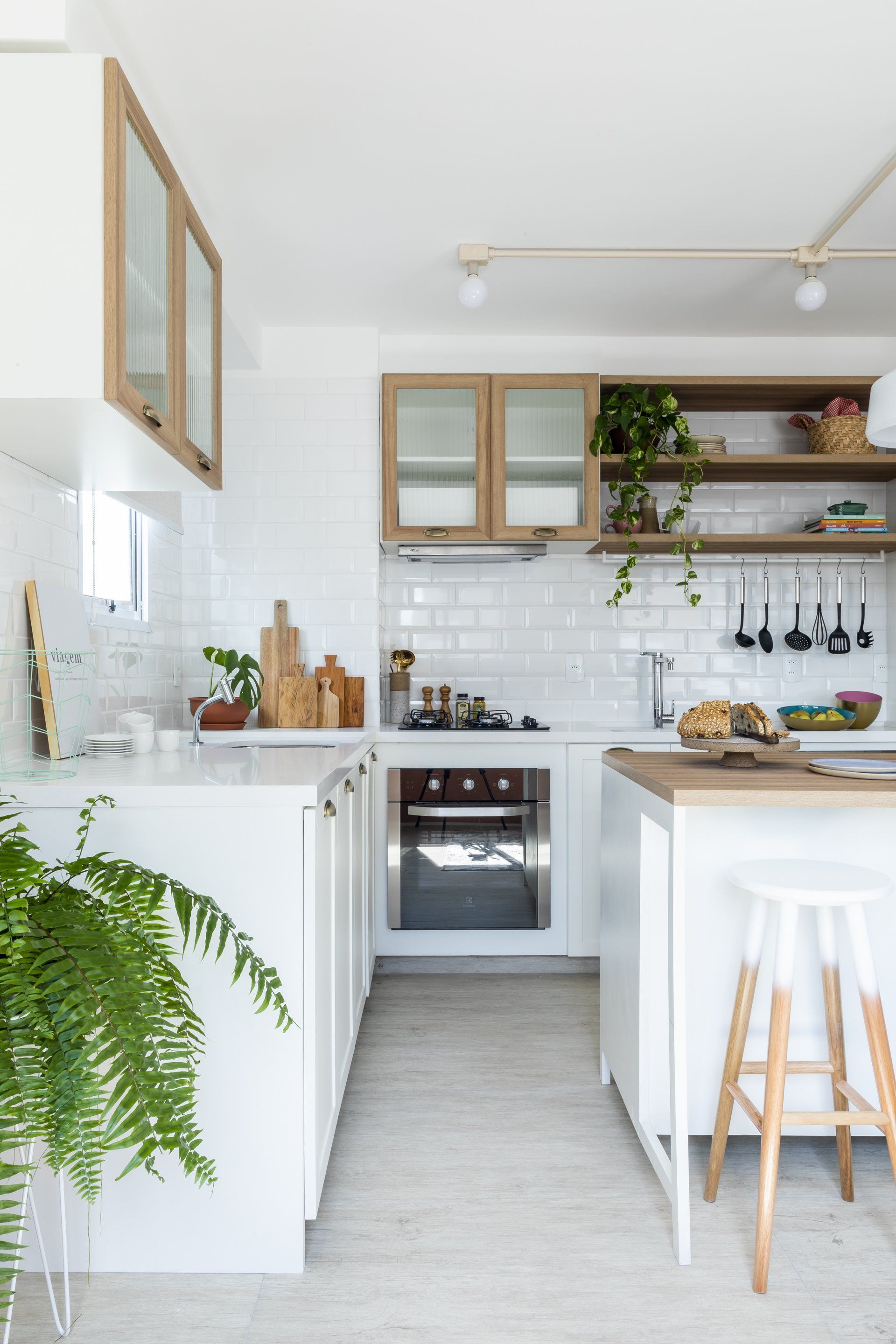 Uma cozinha com armários brancos, fogão, pia e samambaia.