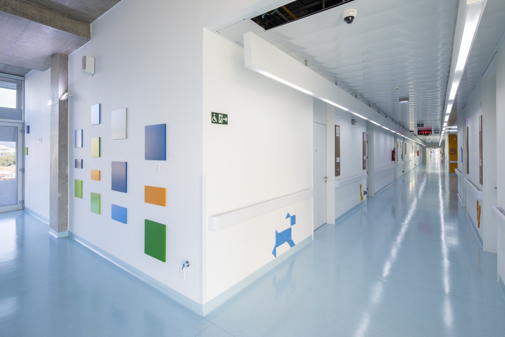 Um longo corredor de um hospital com um cachorro na parede.