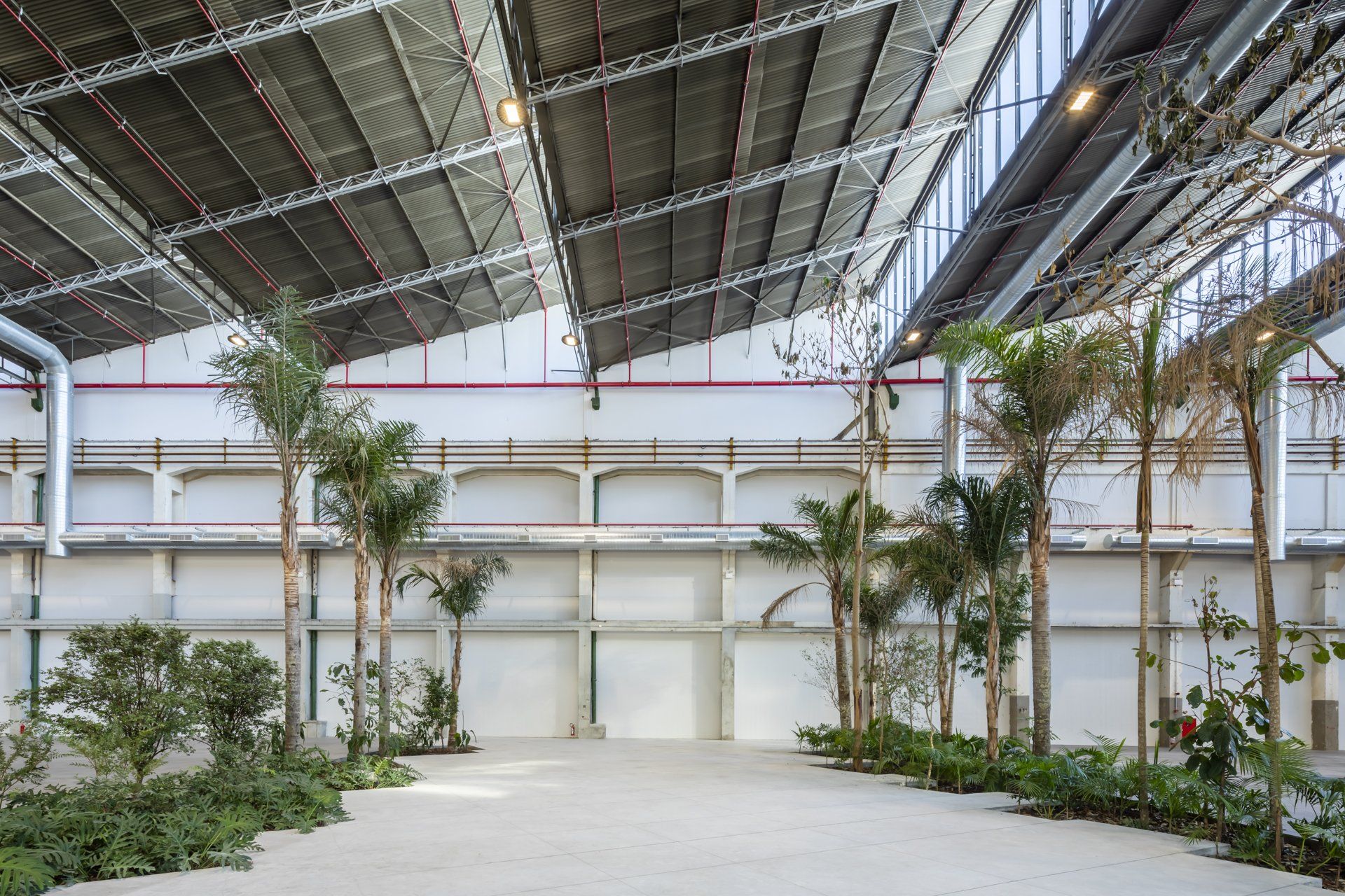 Um grande armazém cheio de árvores e plantas.