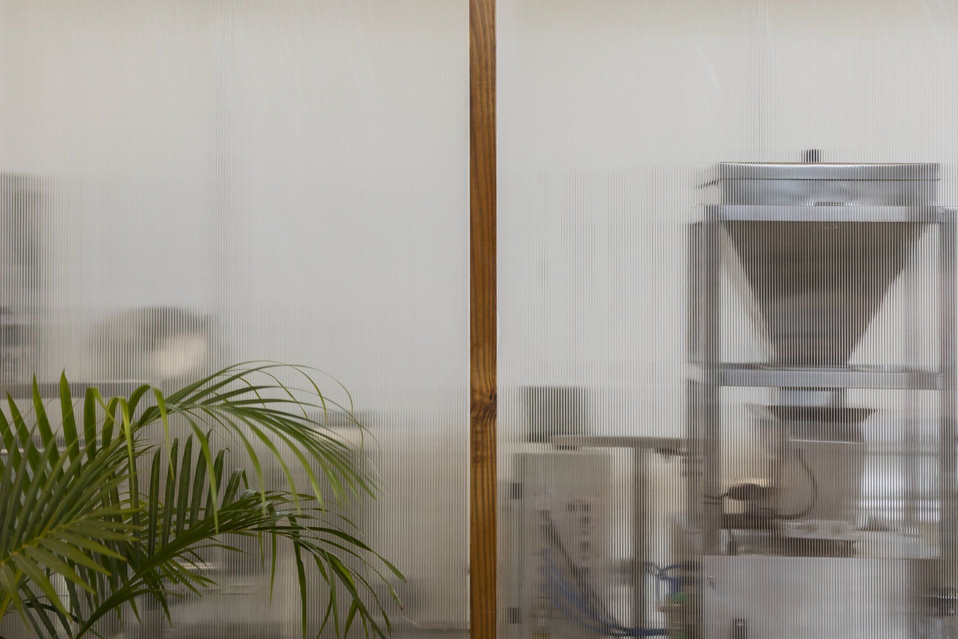 Uma sala com uma planta e uma máquina atrás de uma parede de vidro.