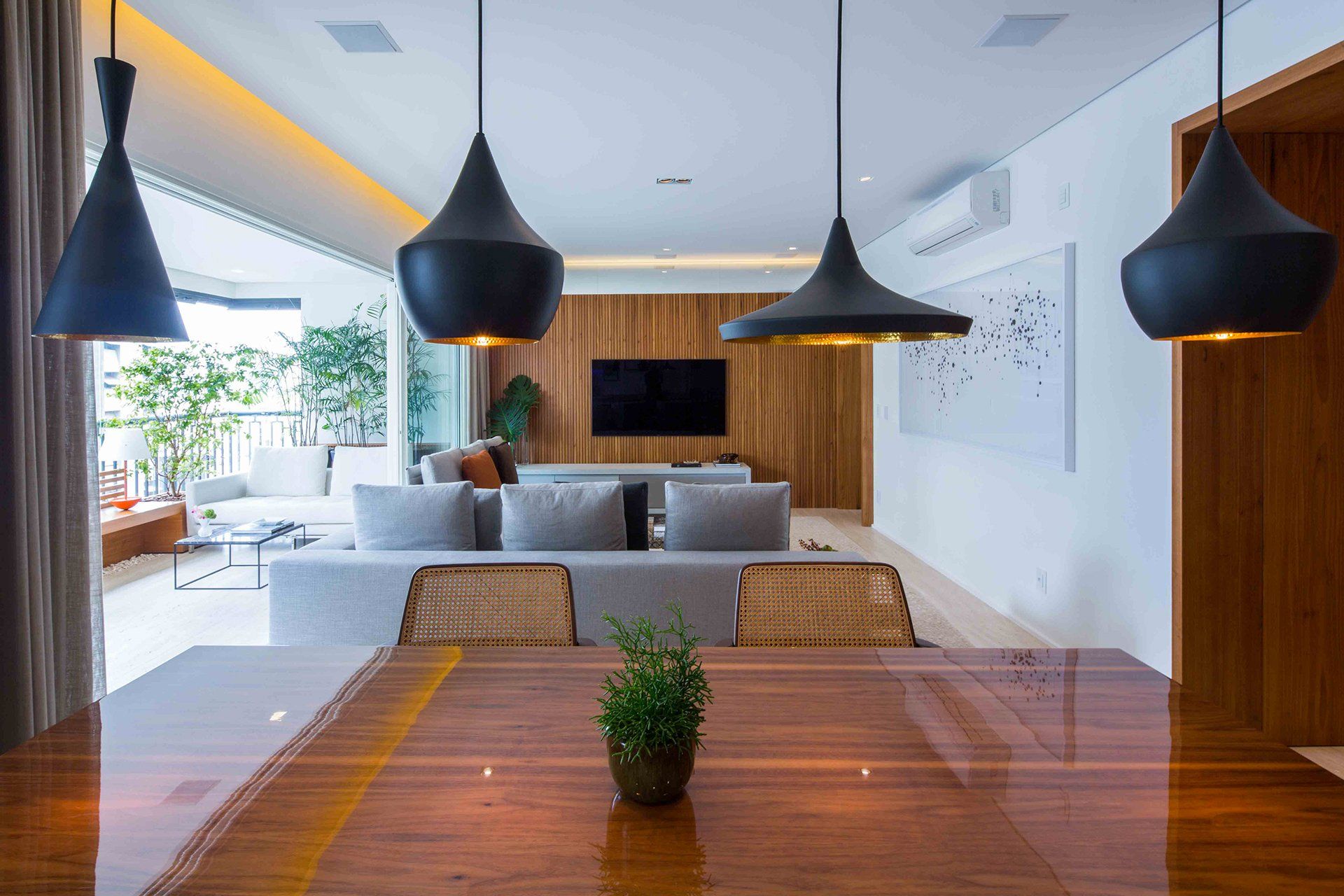 Uma mesa de jantar em uma sala de estar com uma planta.